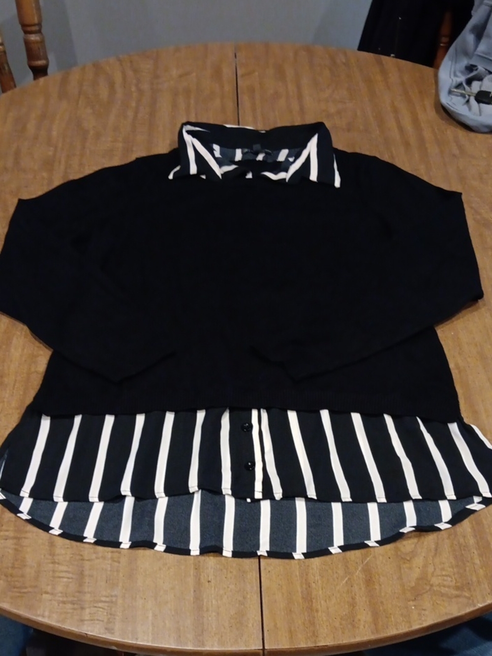 Adrianna Papell Black Layered Sweater with Black-and-White Striped Shirt Detail